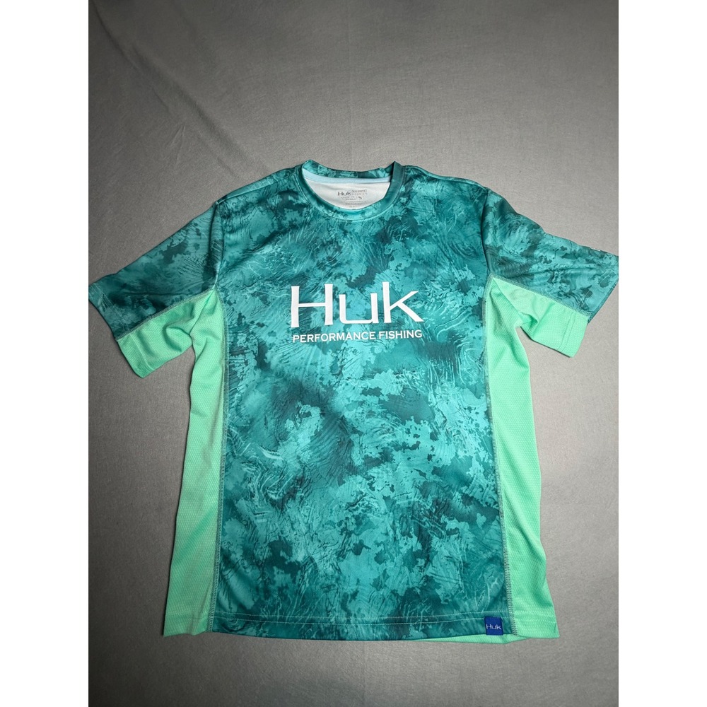 Huk Performance Fishing Mens Small Teal Camo Short Sleeve Shirt RN144273